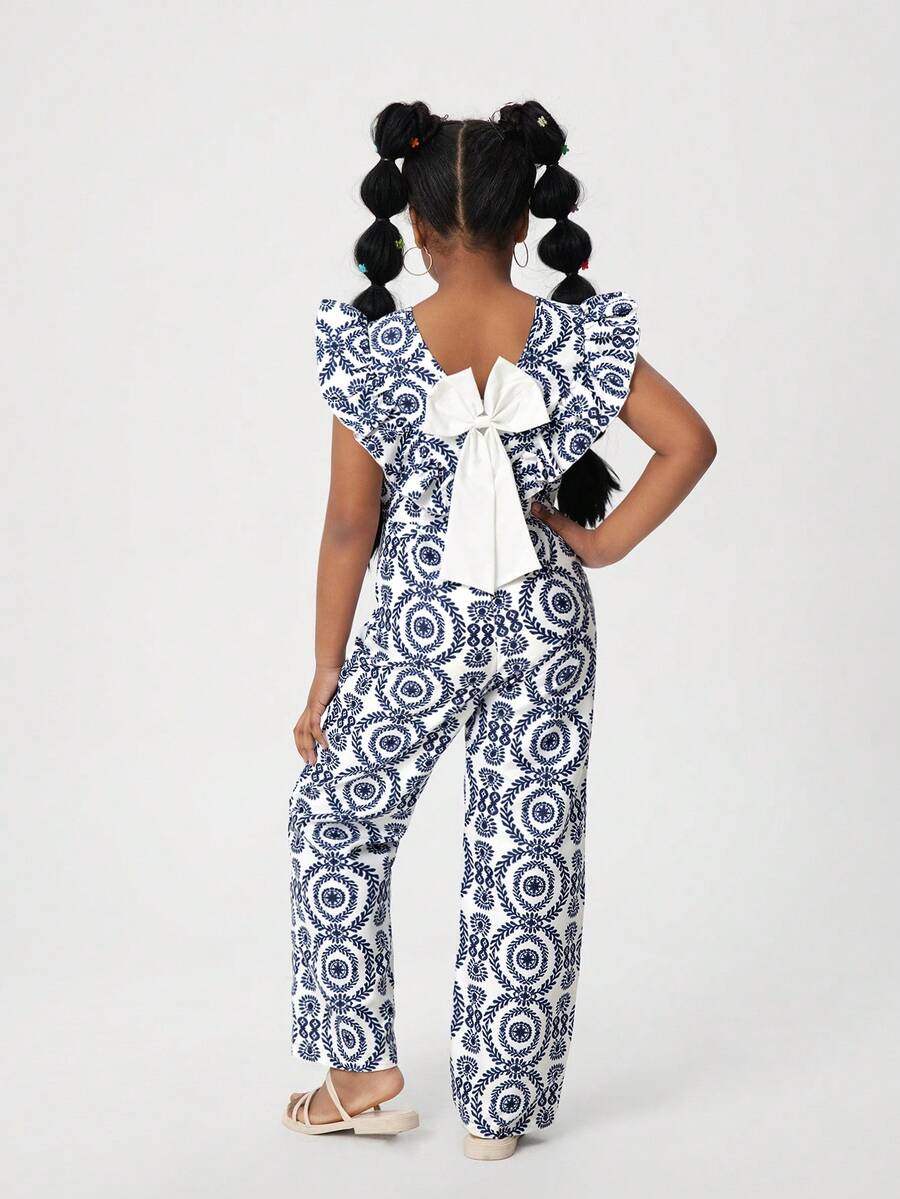 Girls' Bow Design Printed Loose Wide Leg Jumpsuit - Multicolor - View 1