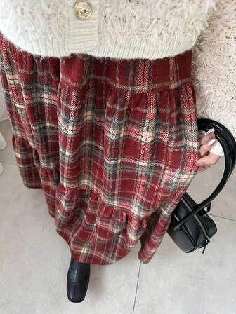 FRIFUL Women's Casual Long Plaid Skirt With Ruffle Hem, Autumn/Winter Christmas,New Year