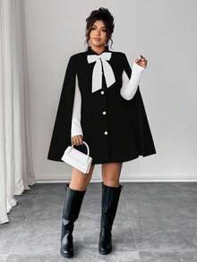 Elenzga Fashionable Casual French Retro Elegant Pearl Button Bow Cloak Overcoat