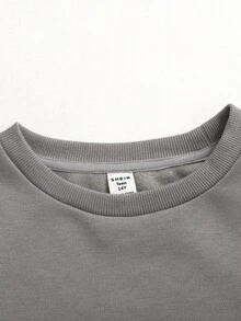 SHEIN 青少年女孩宽松休闲简约舒适圆领套头衫和抽绳裤套装 - 深灰色 - 查看 10