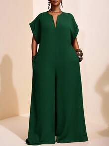 Veslaya 2025年新款复古优雅巧克力色V领短袖阔腿连体裤，大码女装，夏季 - 墨綠色 - 查看 13