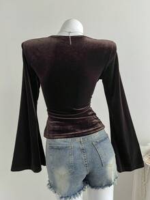 Comfortcana Autumn Fashionable Commuter Solid Color Flare Sleeve Wrap Top   Brown Tops  Elegant Chic Velvet  Y2K Style Top  Christmas - Brown - View 2