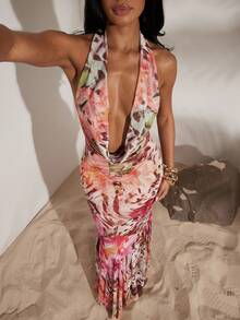 Opulessa 2pcs/Set Women's Vacation Knit Mesh Printed Halter Top & Fish Tail Skirt, Christmas Party Clothes, New Year Look, Thanksgiving Outfits, Elegant Sets Party, Luxury Evening Sets For Weddings, Sexy Club Outfits - Pink - View 2