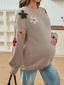 SHEIN Maternity Colorful Floral Pattern Round Neck Long Sleeve Sweater - Camel - View 6