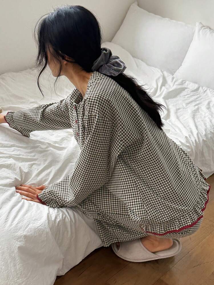 Cute Plaid Contrast Color Ruffle Trim Women Pajama Set, Winter Clothes