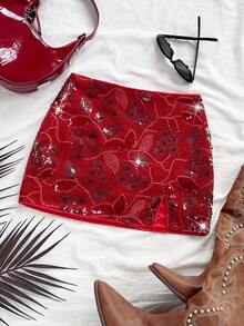 Soleia WYWH 度假浪漫派对复古西式橙色闪光刺绣低腰高开衩迷你裙女士 - 紅色 - 查看 4