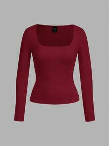 SHEIN EZwear 黑色與酒紅色女款 2 件組方領修身長袖休閒 T 恤套裝，秋冬款 - 彩色 - 查看 3