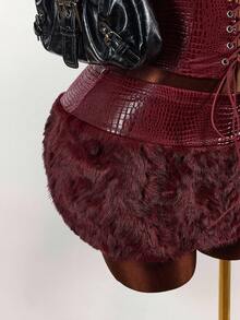 Amplova طقم ملابس علوية كورسيه بنمط جلد التمساح الصناعي وتنورة ضيقة فرائية قصيرة، مثير مكون من قطعتين للنساء - احمر خشبي - مشاهدة 7