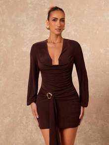 Lumalex Fall Winter Plunging Neck Waist Cinched Metal Decor Flounce Long Sleeve Shiny Fabric Bodycon Mini Dress For Women Eleganza Glamour Elegant New Style Women Luxury Prom Gathering Party Banquet Modest Old Money Coquette Glitter Holiday Party Rave Festival Outing Vacation Hot Outdoor Richly Layered Wedding Season Banquet Christmas New Year Chocolate Brown Dress Long Sleeve Elegant Dress Dark Brown Dress Coffee Brown Dress