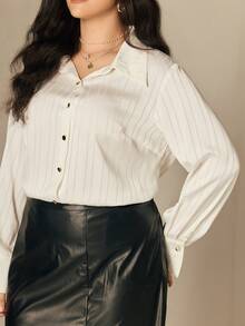 SHEIN LUNE Camisa de satén con botones metálicos, casual/oficina, talla grande - Blanco - Ver 4