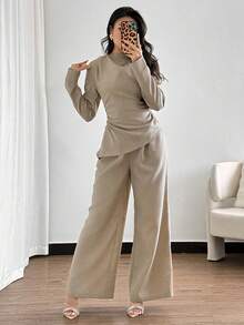 Modelyn Women's Solid Color Long Sleeve Cinched Waist Asymmetrical Hem 2 Pieces Set Two Piece Women Sets Pants Wide Leg Pants Set Modest Two Piece Set 2 Piece Casual Sets Woman Comfortable Two Piece Set