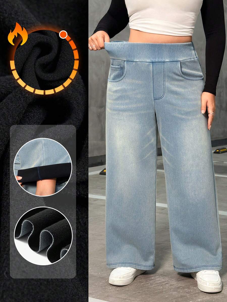 Flexra 大码高弹针织阔腿男友牛仔裤 - 霧霾藍 - 查看 1