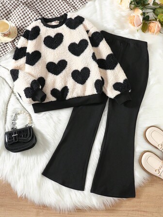 Genkimix Kids Conjunto de camiseta y pantalones para niñas preadolescentes con diseño de corazones esponjoso de manga larga y cuello redondo, con pantalones acampanados negros