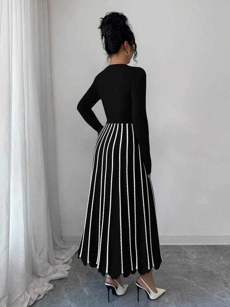 Women's Elegant Knitted Striped Fitted Midi Dress, Autumn/Winter New Arrival