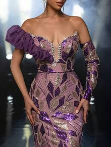Glamrae 优雅奢华的紫色亮片刺绣3D立体落肩不对称领口美人鱼正式晚礼服 - 紫色 - 查看 5