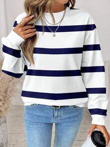 SHEIN LUNE 休闲简约白色藏蓝色条纹印花圆领宽松长袖卫衣，适合秋冬季节穿着，藏蓝色条纹长袖秋季上衣，休闲百搭 - 彩色 - 查看 3