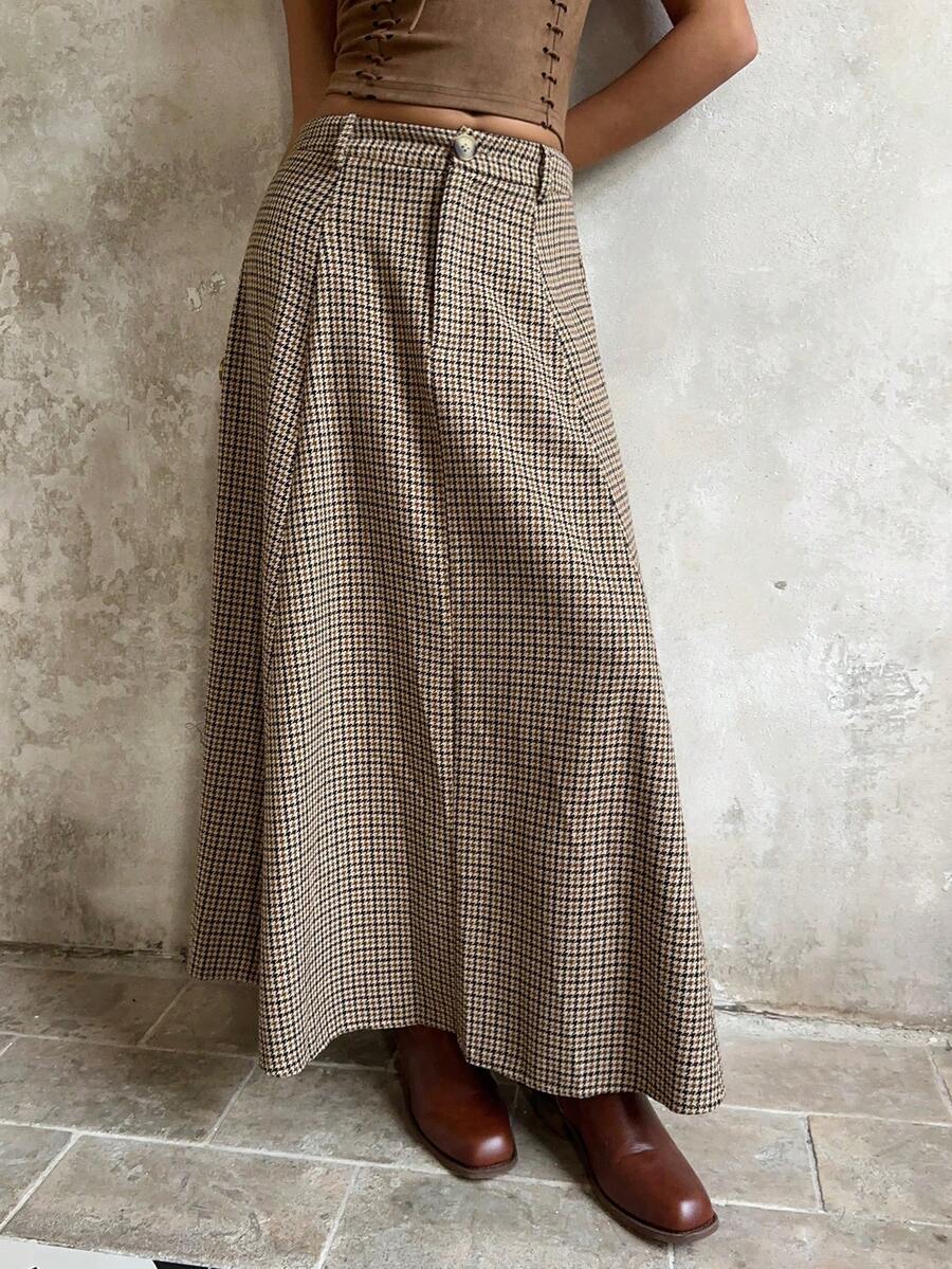 SHEIN Unity Chân váy nữ, họa tiết răng sói màu nâu cà phê, cạp cao, thiết kế chữ A xếp ly, phong cách châu Âu cổ điển, chân váy dài - Cà phê nâu - Xem 1