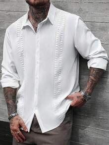 Manfinity CasualCool Men's Casual Solid Color Single-Breasted Long-Sleeve Shirt, Suitable For Casual Vacations, Parties, Dining, And Office Fashion Wear. It Is The Perfect Gift For A Boyfriend Or Husband. The Fabric Feels Comfortable And Is Easy To Care For, With A Versatile Style That Suits Everyone, Fall Men Lace Mesh Shirt White Laced Men Shirt