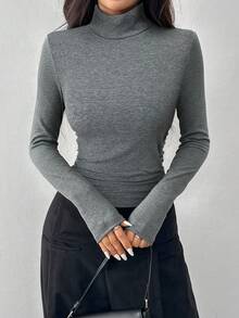 SHEIN EZwear Plus Size Women Gray Casual Basic Turtleneck Long Sleeve T-Shirt/Fall/Winter