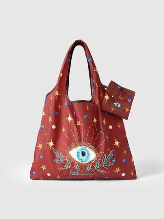 Fairycore 1 Stück modische augenförmige Himmelsdekor Aufbewahrungstasche, große faltbare Tragetasche mit Münzbeutel