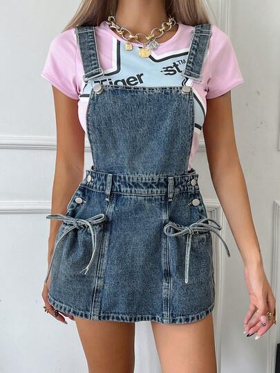 DAZY 女式夏季口袋装饰系带设计牛仔连体裤和连体衣