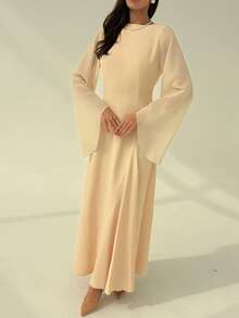 Aloruh Apricot Minimalist Commuter Ruched Collar Flare Sleeve Patchwork Long Sleeve Dress For Women - Apricot - View 7