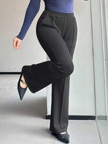 Dazy Plus Pantaloni casual a zampa d'elefante elasticizzati di colore unito, taglie comode, adatti per tutte le stagioni - Grigio Scuro - Visualizzare 1