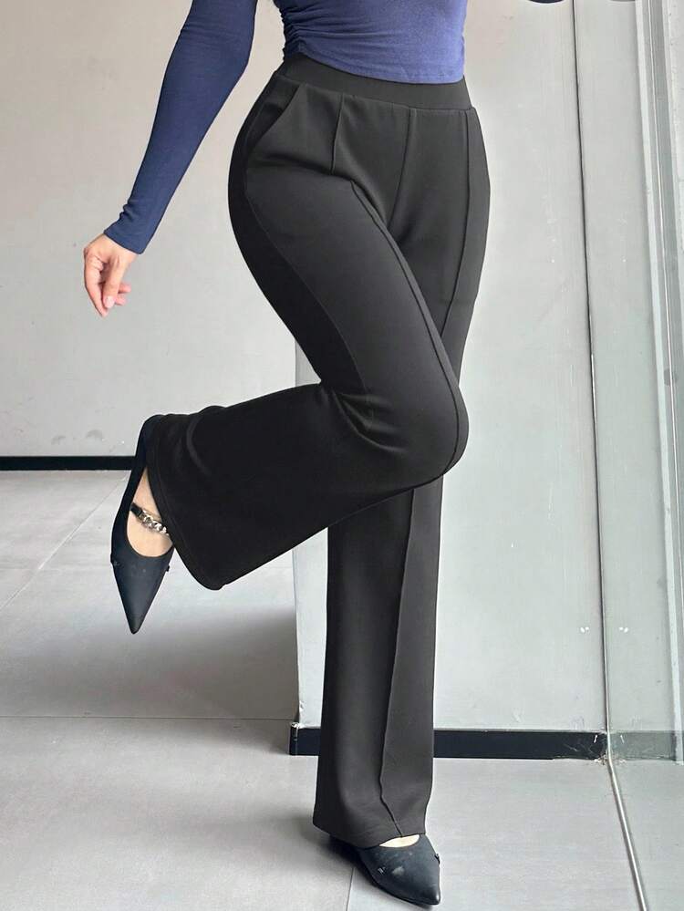 Dazy Plus Plus Size Women Solid Color Elastic Skinny Flare Leg Casual Pants, All Season