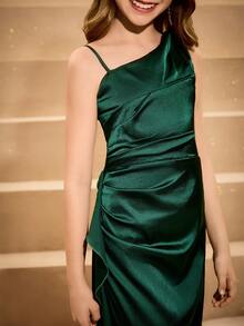 Elegant Fitted One Shoulder Slit Ruffle Hem Dress For Girls, Suitable For Wedding, Prom, Birthday Party, Christmas, Halloween, Back To School, Graduation - Dark Green - View 8