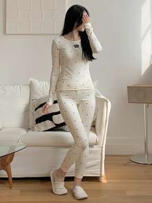 DAZY 2 件女式波尔卡圆点印花修身长袖上衣和裤子睡衣套装，秋冬睡衣秋季衣服 - 白色 - 查看 9