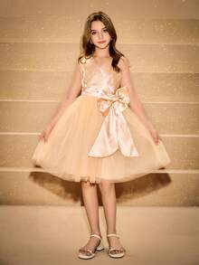 Girls' Elegant Luxurious Champagne V-Neck 3D Bow Mesh Midi Dress, Suitable For Evening Party, Wedding, Christmas, Halloween, Back To School, Graduation, Birthday, Performance And Other Occasions - Champagne - View 1