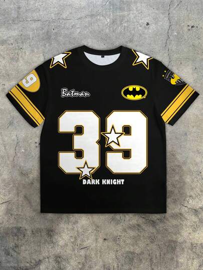 BATMAN X SHEIN Men's Casual Numeric Pattern Round Neck Short Sleeve T-Shirt, Summer