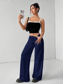 SHEIN PETITE Quần nỉ ống rộng dệt kim trơn cạp thấp thoải mái và giản dị dành cho nữ - Màu xanh bụi bặm - Xem 3