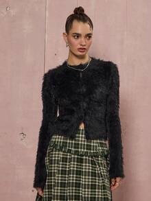 COUREZ Long Sleeve Eyelash Knit Cardigan /Y2K Fall Winter Clothes For Women Going Out Tops New Year Winter Tops Fluffy Sweater Cozy Fall Outifts Women Cute Outfits New Year Outfits