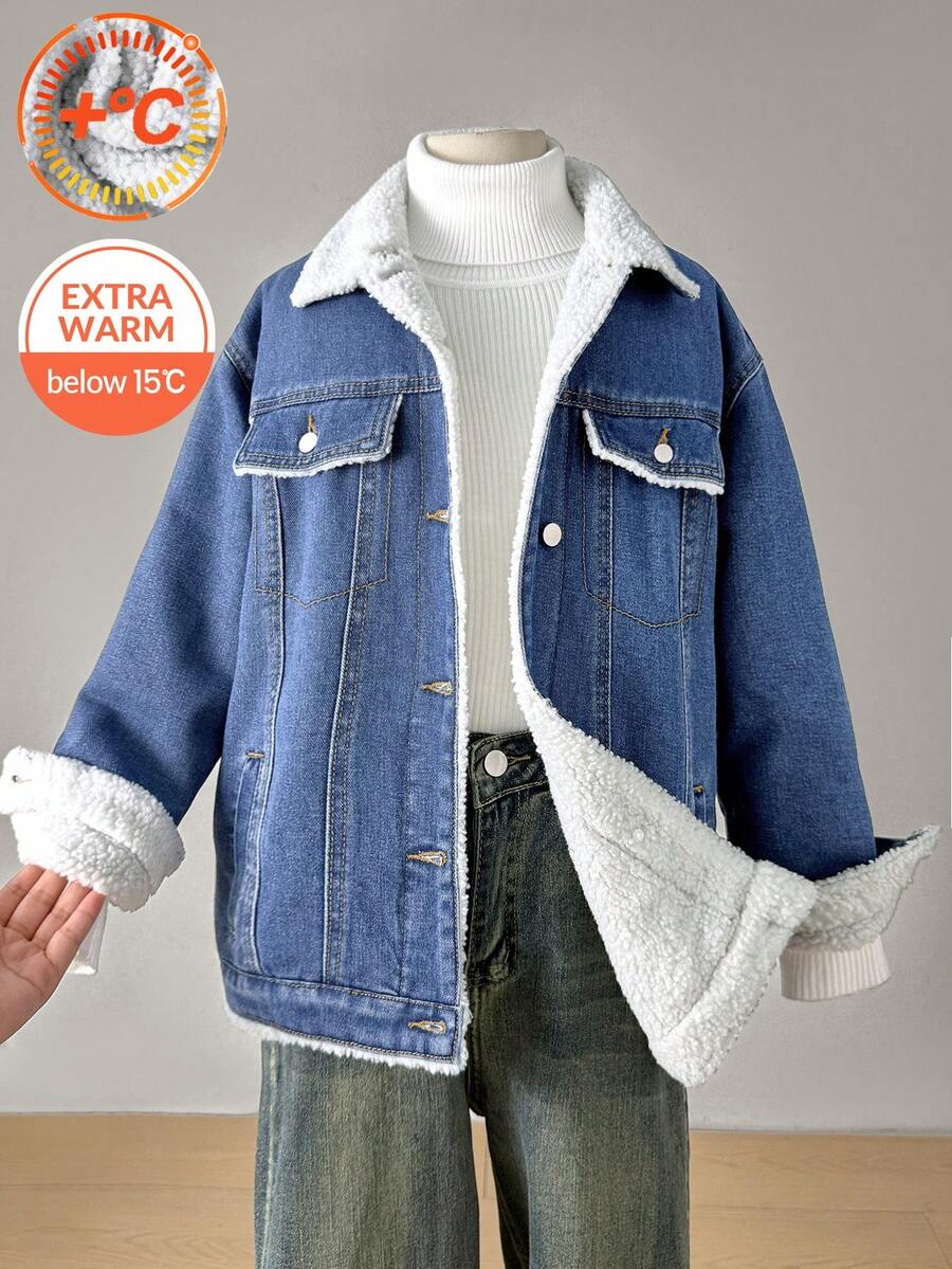 SHEIN 少女基础款纯色水洗牛仔保暖内衬宽松牛仔外套，秋冬保暖穿搭，休闲泰迪绒内衬冬装外套，百搭阔腿牛仔裤，Y2K风格，女教师装，返校装，商务休闲装，工装牛仔裤，秋冬宽松裤，高腰长款阔腿牛仔裤，街头风，冬裤，羊羔绒牛仔裤，保暖牛仔外套