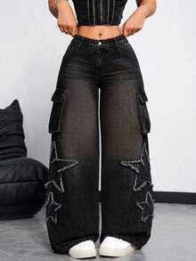 Jeanoix 大码女式工装口袋五角星磨边宽松阔腿牛仔裤 - 黑色 - 查看 9