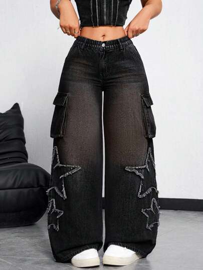 Jeanoix Plus Size Women's Cargo Pocket Five-Pointed Star Frayed Hem Loose Wide Leg Jeans