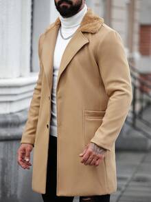 Manfinity CasualCool Men's Solid Color Single Breasted Casual Long Sleeve Overcoat, Fall/Winter, Fall, Winter Fleece Warm Thermal Lined Overcoat - Khaki - View 4