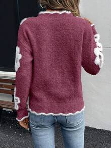 EMERY ROSE Women's Elegant Mink Fur Flower Pattern Lace Knit Sweater, Christmas - Red Violet - View 2
