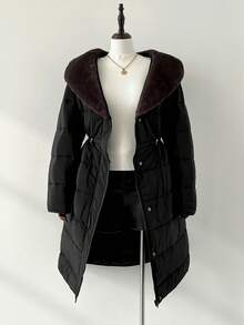 Auralis Plus Size Women's Autumn And Winter Fashion Casual Daily Brown Plush Splicing Black Mid-Length Waist Warm Coat,Women's Winter Clothes,Winter Outfits - Black - View 8