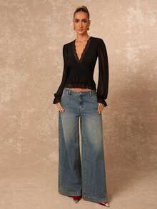 Lumalex Vinter Höst Spetskant Elastisk Midja Mjuk Mesh Puffärm Volang Fåll Damblus Djup V-ringad Topp Spetskant Topp, Fest Bankett Blygsam Gamla Pengar Kokett Glitter Helg Fest Rave Festival Utflykt Semester Het Utomhus Rikt Lager På Lager Bröllopssäsong Bankett Jul Nyår Höst Ny Stil Dam Elegant Svart - Aprikos - Visa 6