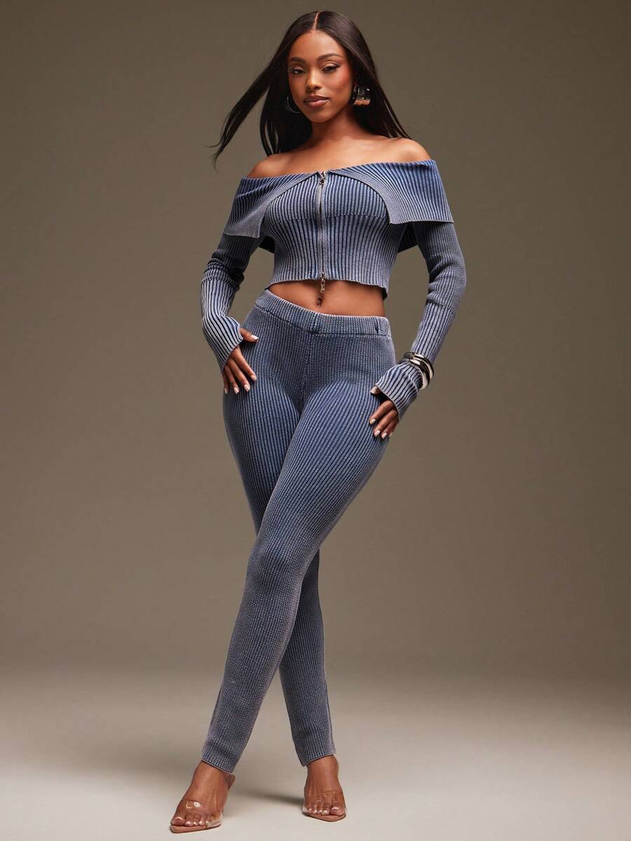 Denimoi Fashionable Commuter Washed Distressed Slim Fit Knit Pants - Baby Blue - View 1