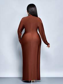 SOLERSUN 女士优雅假日纯色长袖金属装饰紧身连衣裙长款女装度假浪漫婚礼宾客毕业舞会节日 - 咖啡棕 - 查看 2