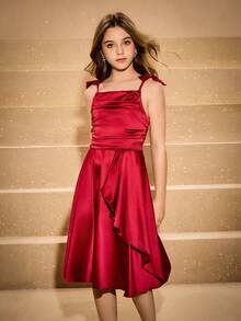 SHEIN Elegant Luxurious Burgundy Red,Summer,Special Occasion Big Tween Girl Bowknot Spaghetti Strap Off-Shoulder Midi Dress,Wedding Flower Girl Party Prom - Burgundy - View 4