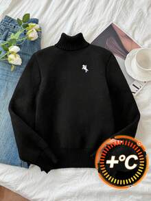 SHEIN Tween Mädchen Kleidung Einfacher schwarzer Rollkragenpullover, Nerzfell Saum Bescheidener Basis Pullover für Herbst Feiertage Schulanfang, Winter Weihnachten Tween Mädchen Kleidung - Schwarz - Übersicht 2
