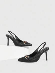 CUCCOO BIZCHIC Black PU & Gold Buckle Fashionable Sexy French Style Pointed Toe Backless Party/Date Pumps - Black - View 2