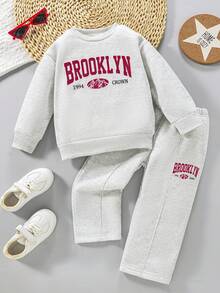 SHEIN 2件套休闲字母印花针织纯色宽松落肩长袖运动衫和阔腿运动裤套装 - 淺灰色 - 查看 17