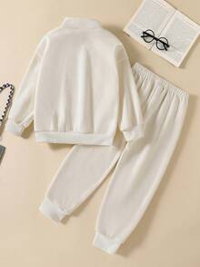 SHEIN 2pcs/Set Young Girls Casual Chic High Neck Sweatshirt, Letter Embroidery, Thermal Lined, Sporty Style, Suitable For Daily Wear - Beige - View 2
