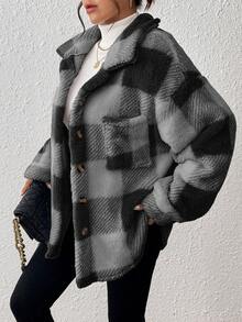 EMERY ROSE Plus Size Women Plaid Drop Shoulder Long Sleeve Single-Breasted Fuzzy Jacket, Autumn/Winter - Dark Grey - View 6