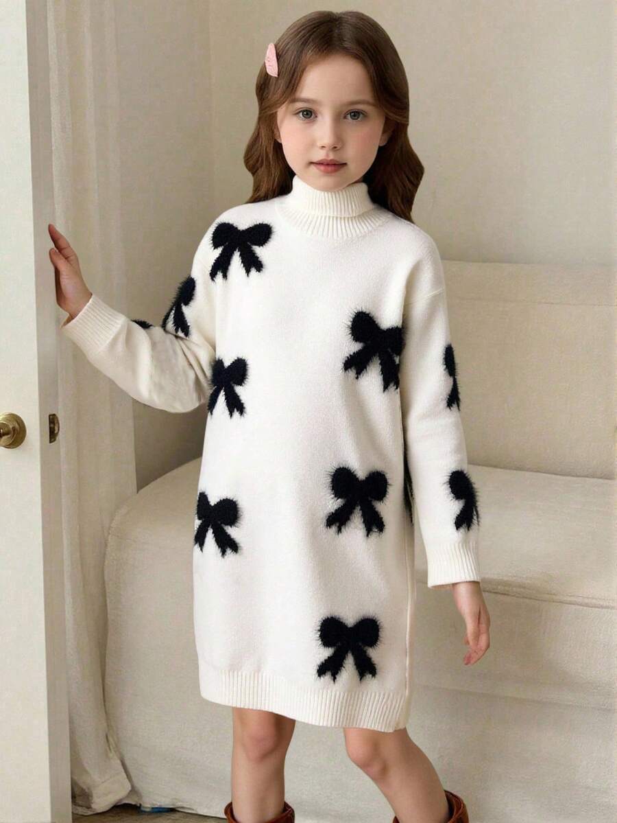 SHEIN 少女蝴蝶结装饰高领长袖休闲针织连衣裙，秋冬 - 黑與白 - 查看 1